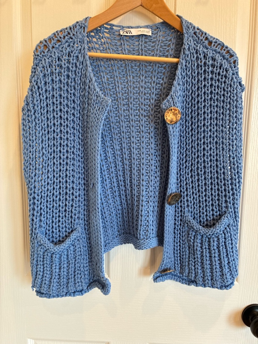 Zara Blue Chunky Knit Cardigan Sweater size M